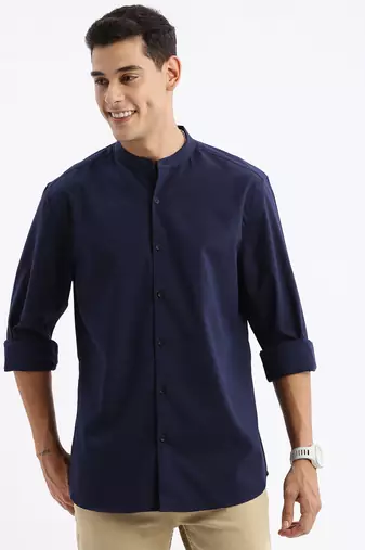 men's long sleeves solid slim fit navy blue shirt