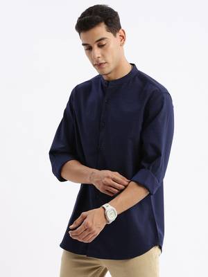 men's long sleeves solid slim fit navy blue shirt 3