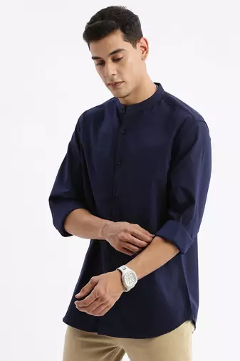 men's long sleeves solid slim fit navy blue shirt