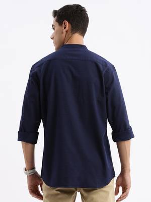 men's long sleeves solid slim fit navy blue shirt 4
