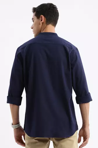 men's long sleeves solid slim fit navy blue shirt