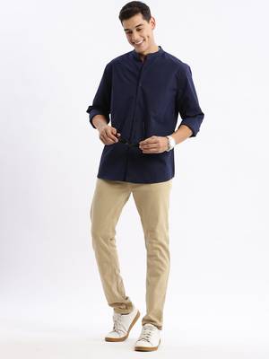 men's long sleeves solid slim fit navy blue shirt 5