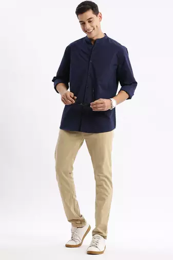 men's long sleeves solid slim fit navy blue shirt