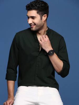 men's mandarin collar solid slim fit green shirt 1
