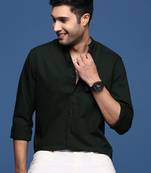 men's mandarin collar solid slim fit green shirt