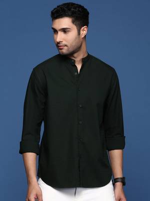 men's mandarin collar solid slim fit green shirt 2