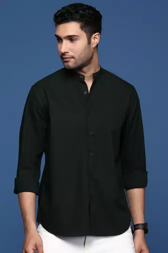 men's mandarin collar solid slim fit green shirt