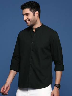 men's mandarin collar solid slim fit green shirt 3