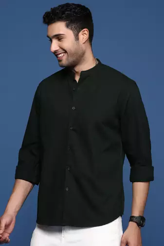 men's mandarin collar solid slim fit green shirt
