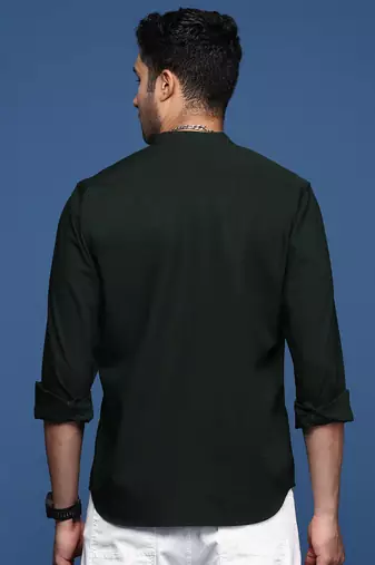 men's mandarin collar solid slim fit green shirt