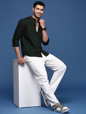 men's mandarin collar solid slim fit green shirt 5