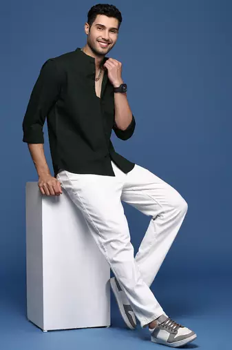 men's mandarin collar solid slim fit green shirt