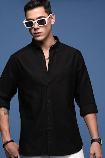 men's collared solid black slim fit shirt