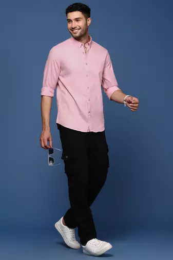 men's collared solid pink slim fit shirt