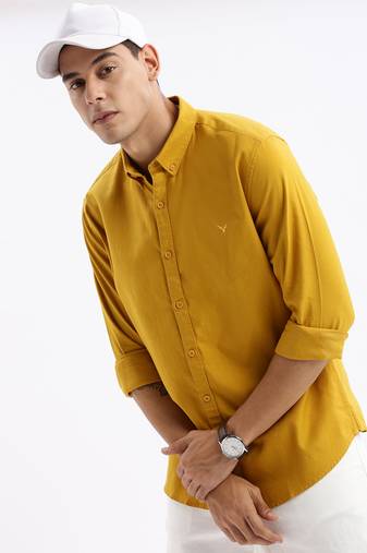 men's long sleeves solid slim fit mustard shirt