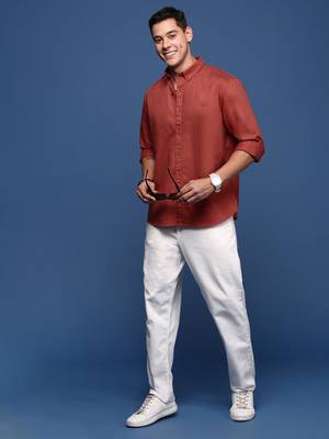 men's collared solid rust slim fit shirt 5