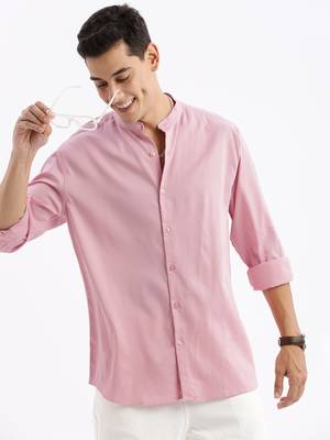 men's long sleeves solid slim fit pink shirt 1