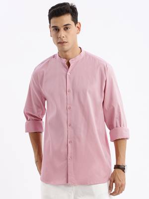 men's long sleeves solid slim fit pink shirt 2