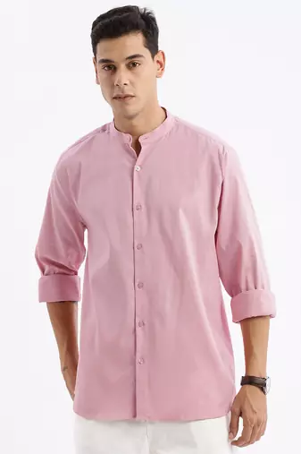 men's long sleeves solid slim fit pink shirt