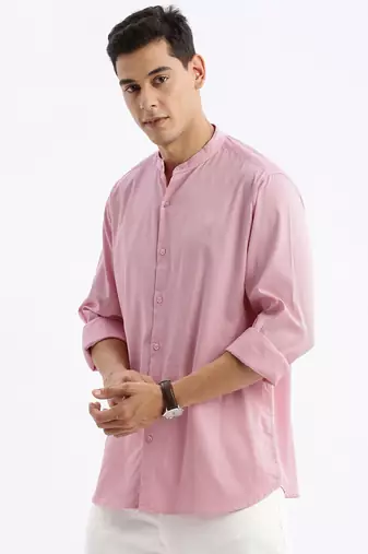 men's long sleeves solid slim fit pink shirt