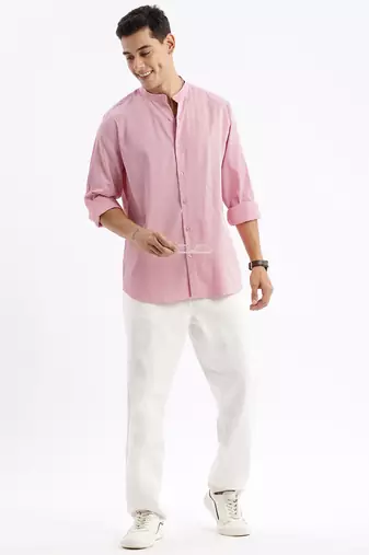 men's long sleeves solid slim fit pink shirt