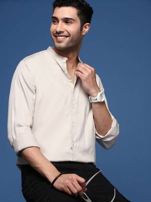 men's mandarin collar solid slim fit beige shirt 1