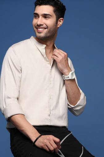 men's mandarin collar solid slim fit beige shirt