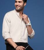 men's mandarin collar solid slim fit beige shirt