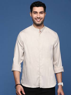 men's mandarin collar solid slim fit beige shirt 2
