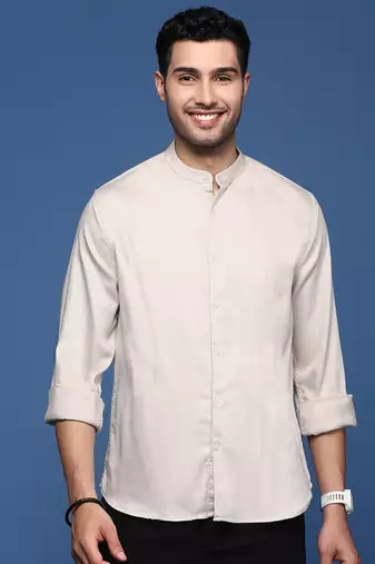men's mandarin collar solid slim fit beige shirt