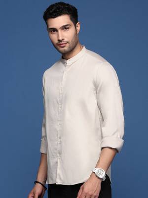 men's mandarin collar solid slim fit beige shirt 3