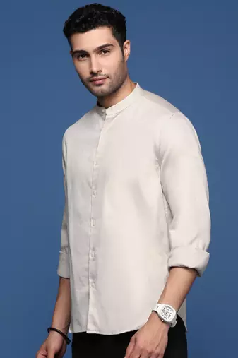 men's mandarin collar solid slim fit beige shirt