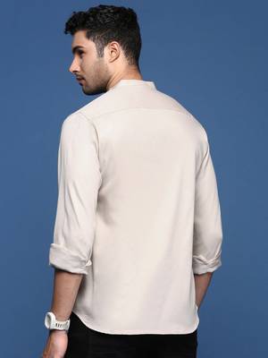 men's mandarin collar solid slim fit beige shirt 4
