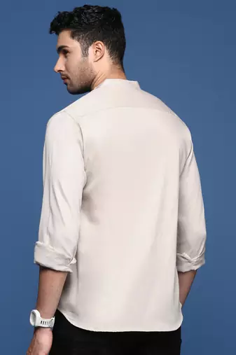 men's mandarin collar solid slim fit beige shirt