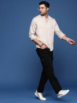 men's mandarin collar solid slim fit beige shirt 5