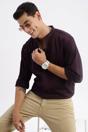 men's long sleeves solid slim fit purple shirt