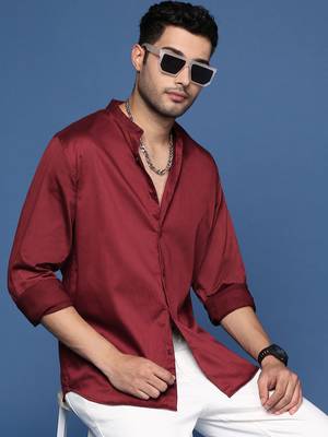 men's mandarin collar solid slim fit maroon shirt 1