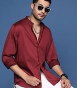 men's mandarin collar solid slim fit maroon shirt