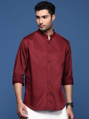 men's mandarin collar solid slim fit maroon shirt 2