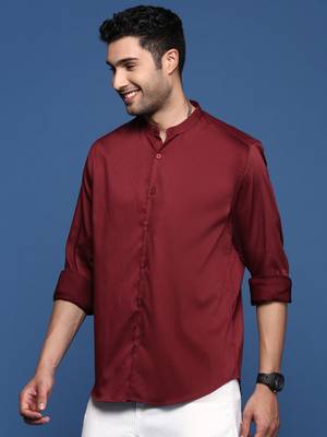 men's mandarin collar solid slim fit maroon shirt 3