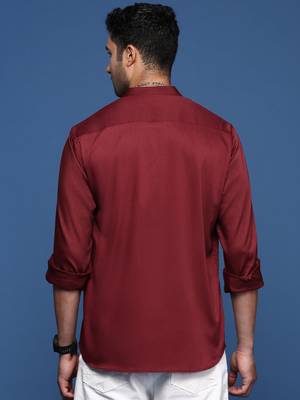 men's mandarin collar solid slim fit maroon shirt 4