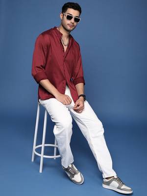 men's mandarin collar solid slim fit maroon shirt 5