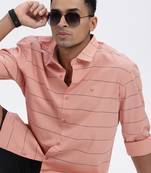 men's peach striped slim fit shirt