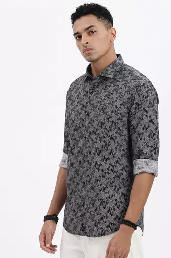 men's black geometric slim fit shirt