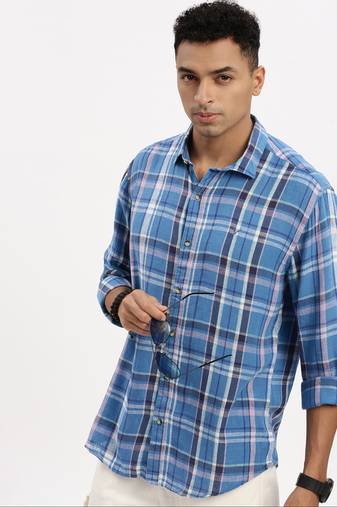 men's blue checked slim fit shirt