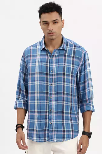 men's blue checked slim fit shirt