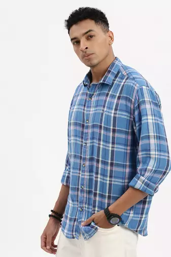men's blue checked slim fit shirt
