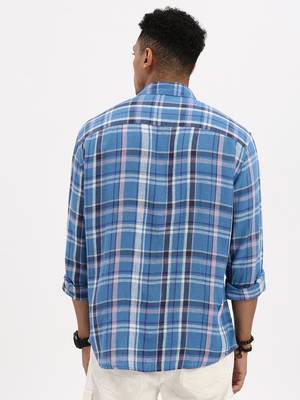 men's blue checked slim fit shirt 4
