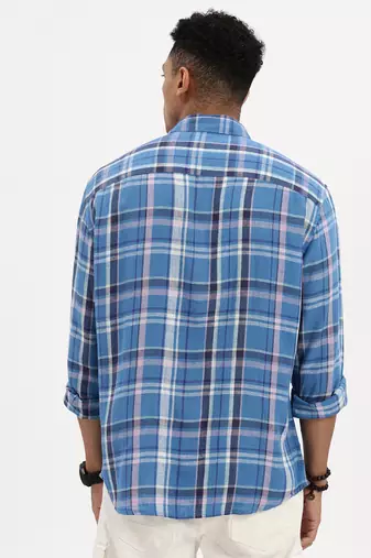 men's blue checked slim fit shirt