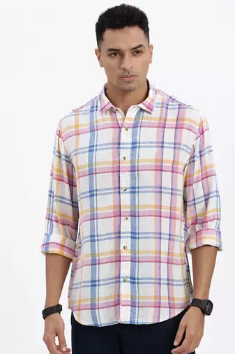 men's white checked slim fit shirt